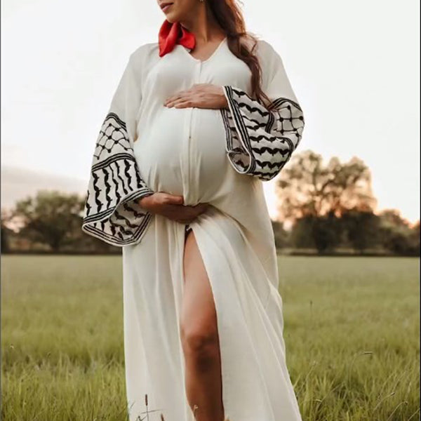 Beaumama robe photo longue grossesse chic tribal fente avant fluide blanche femme enceinte