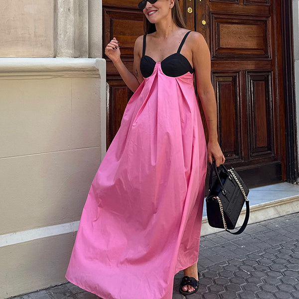 Beaumama robe longue grossesse chic vacances couleur bloc dos nu nœud papillon trapèze femme enceinte