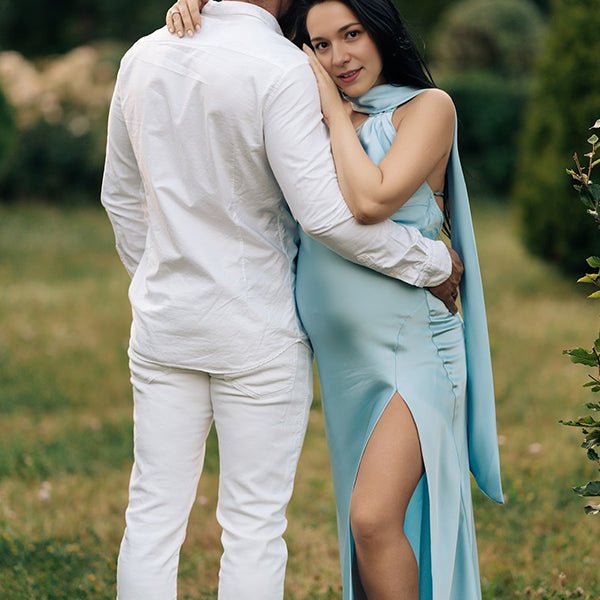 Beaumama robe longue grossesse chic enceinte shooting ruban dos nu fendu le côté femme enceinte