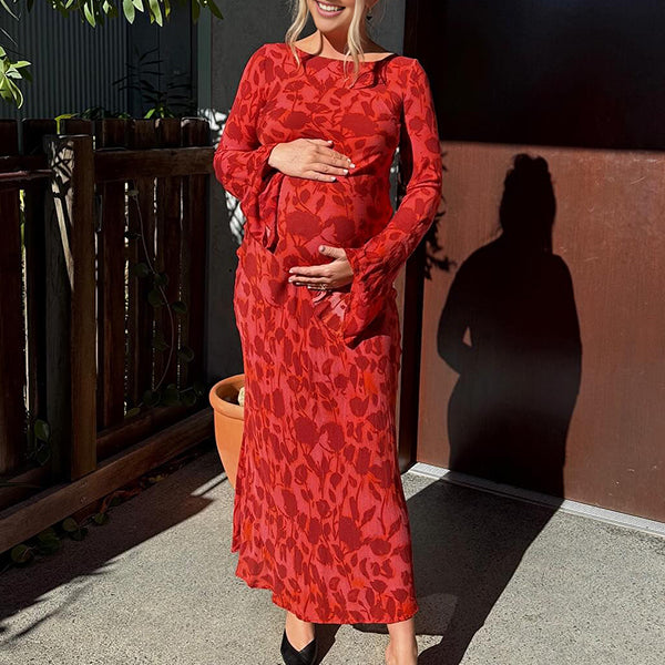 Beaumama robe longue grossesse chic cérémonie imprimé fleurie fluide manches trompette femme enceinte