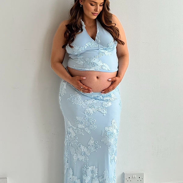 Beaumama robe longue grossesse chic cocktail 2 pièces broderie dos nu moulante licou femme enceinte