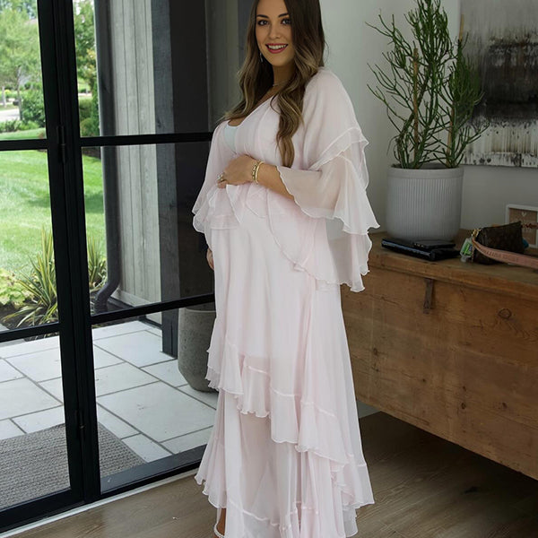 Beaumama robe longue grossesse chic babyshower froufrou volants fluide dos nu femme enceinte