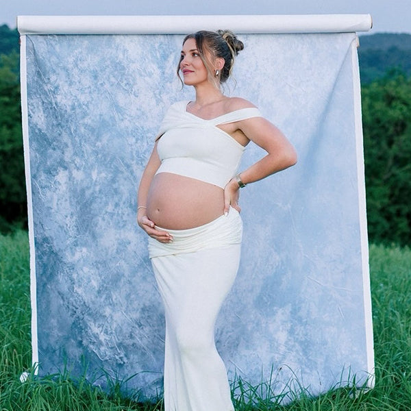 Beaumama robe photo longue grossesse chic vacances 2 pièces épaule asymétrique plissé femme enceinte