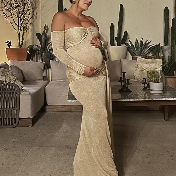 Beaumama robe longue grossesse chic soirée épaule dénudée plissé drapé sur le côté moulante femme enceinte