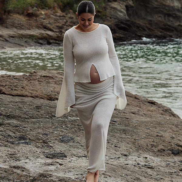 Beaumama robe photo longue grossesse vacances 2 pièces crochet tricot fente avant moulante manches trompette femme enceinte