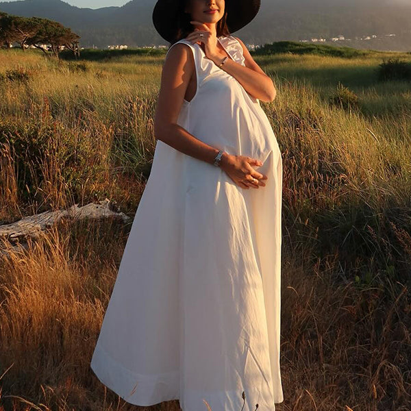 Beaumama robe photo longue grossesse vacances bohème trapèze fluide poches femme enceinte