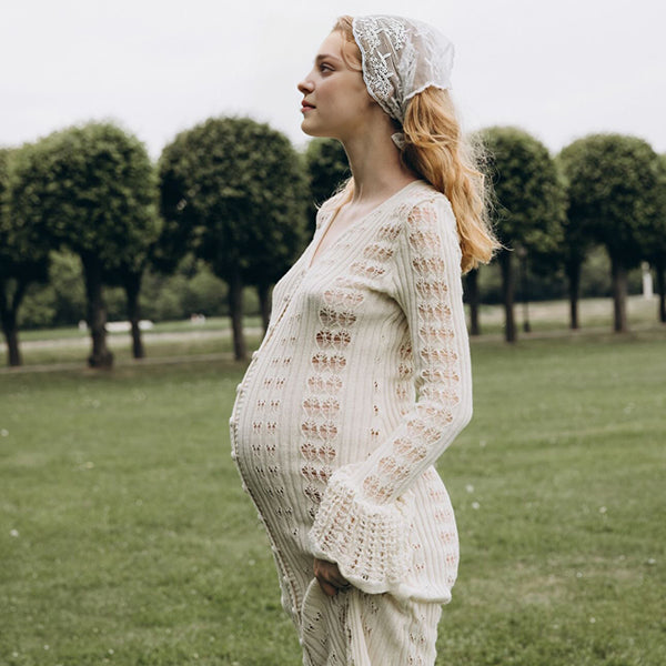 Beaumama robe photo longue grossesse vacances crochet tricot boutonnage découpe volants femme enceinte