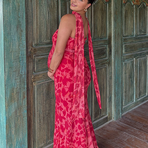 Beaumama robe longue grossesse chic cocktail imprimé fleurie sirene ruban bustier femme enceinte