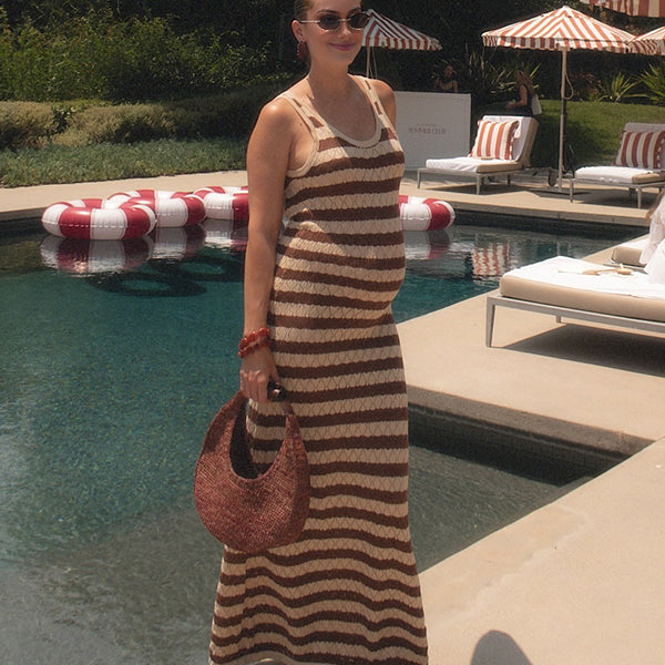 Beaumama robe longue grossesse vacances rayé crochet tricot dos nu couleur bloc femme enceinte