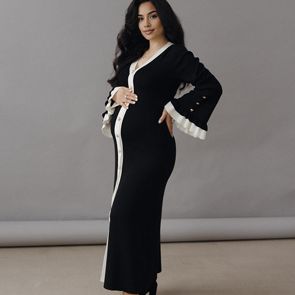 Beaumama robe shooting longue grossesse chic couleur bloc volants boutonnage photo femme enceinte
