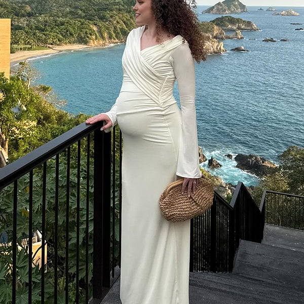 Beaumama robe longue grossesse cocktail chic épissage plissé moulante enceinte shooting femme enceinte