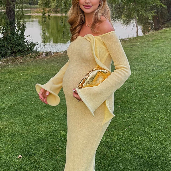 Beaumama robe longue grossesse cocktail chic épaule dénudée volants moulante enceinte shooting femme enceinte