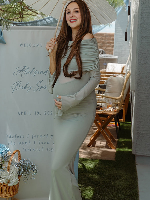 Beaumama robe babyshower longue grossesse élégant chic épissage tulle épaule dénudée sirene femme enceinte