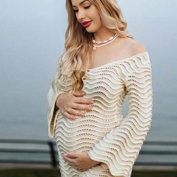 Beaumama robe shooting longue grossesse vacances chic crochet tricot dos nu bord ondulé femme enceinte