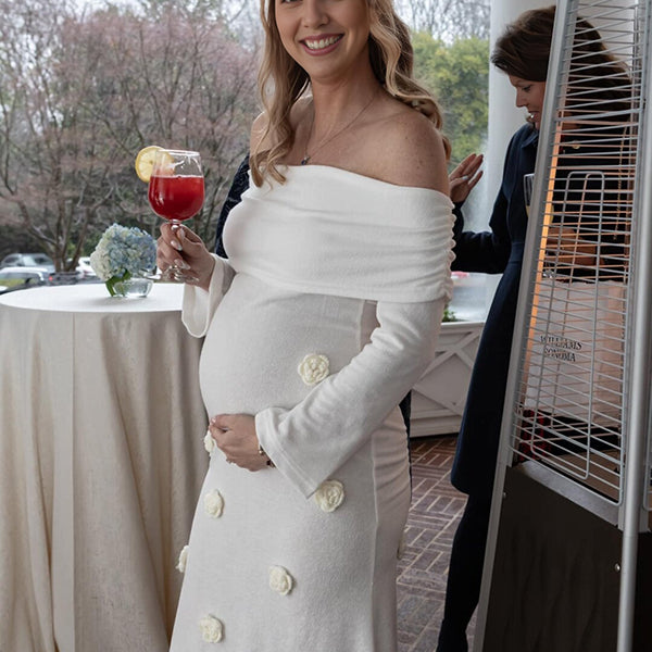 Beaumama robe longue pull grossesse tricot 3D fleur off shoulder manches trompette photo femme enceinte
