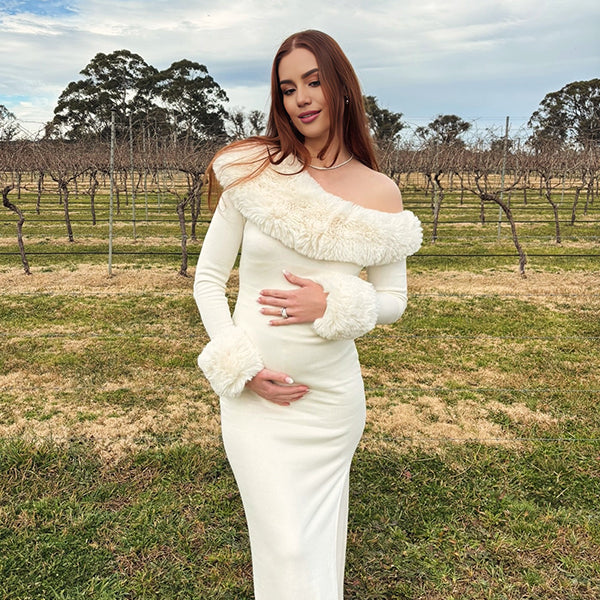 Beaumama robe longue grossesse élégant chic poilu fendu le côté épaule dénudée moulante femme enceinte