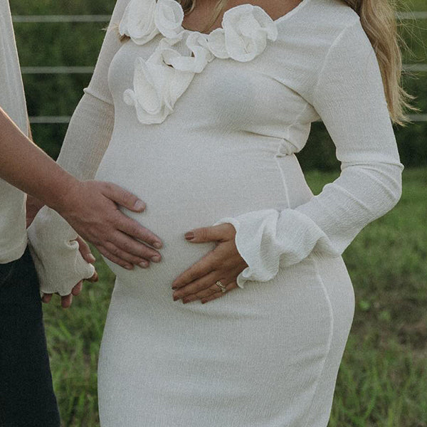 Beaumama robe shooting longue grossesse vacances chic volants fente dans le dos moulante femme enceinte