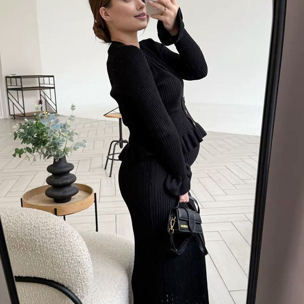 Beaumama robe longue grossesse élégant chic costume deux pièces volants boutonnage femme enceinte