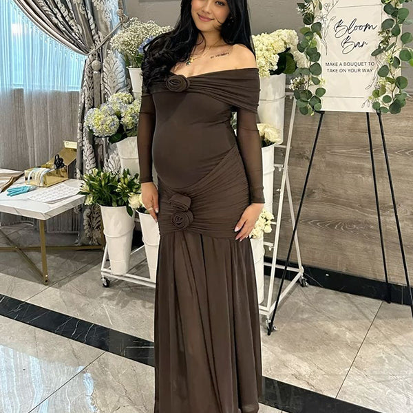 Beaumama robe longue grossesse élégant chic cérémonie 3D fleurie épaule dénudée plissé sirene moulante femme enceinte