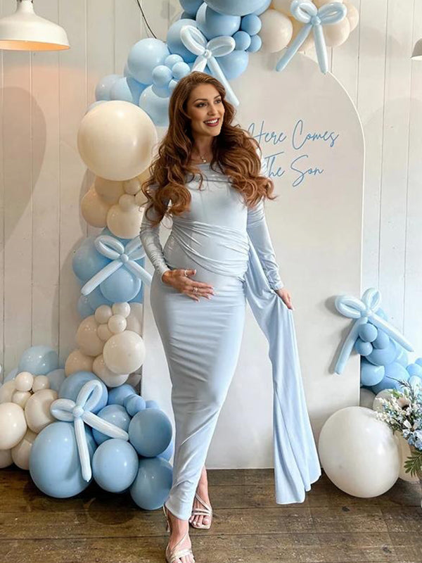 Beaumama robe longue grossesse élégant chic cérémonie épaule asymétrique plissé moulante drapé sur le côté femme enceinte