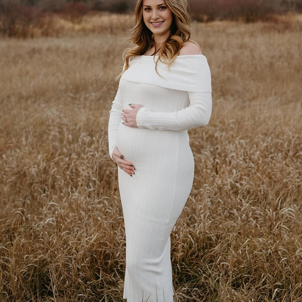 Beaumama robe shooting longue grossesse épissage épaule dénudée photo tricot femme enceinte