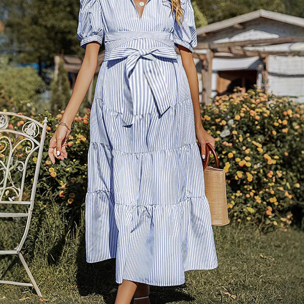 Robes longue rayé grossesse nœud papillon ceinture bleu