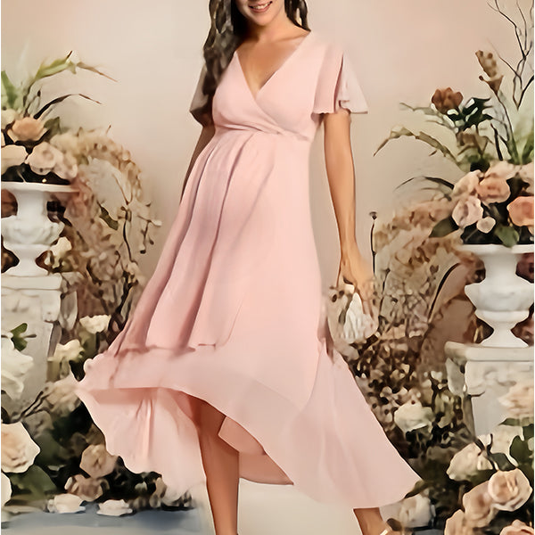Robes mi-longue de grossesse volants-Rose poudré