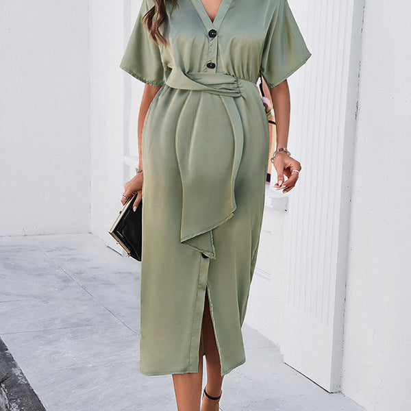 Robe mi-longue grossesse irrégulier fendu le côté boutonnage vert