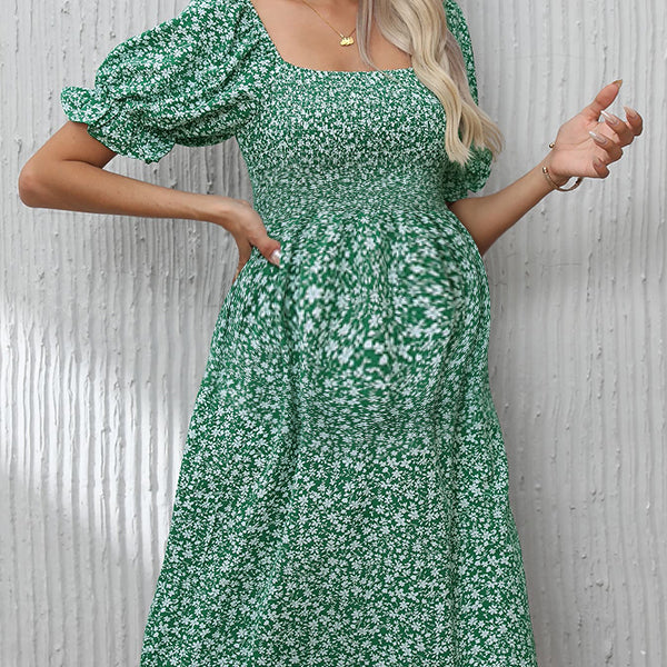 Robes mi-longue grossesse plissé imprimé fleurie vert