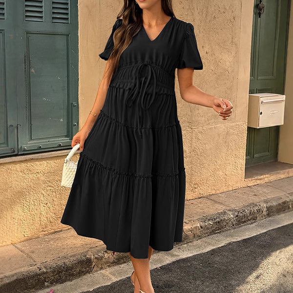 Robes mi-longue grossesse volants coulisse taille noir