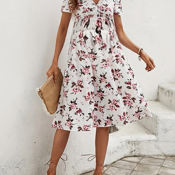 Robes mi-longue grossesse imprimé fleurie une pièce blanche