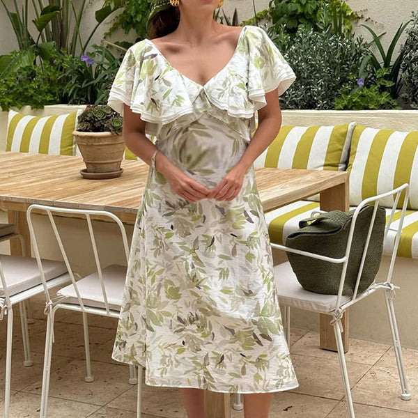 Robes mi-longue grossesse imprimé fleurie dos nu volants vert clair