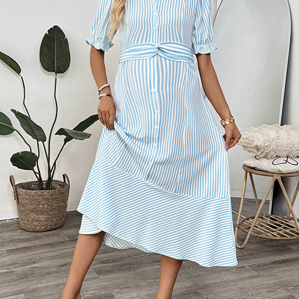 Robes mi-longue grossesse rayé ceinture boutonnage bleu