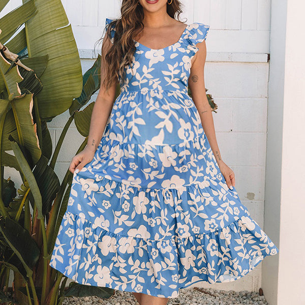 Beaumama robe mi-longue grossesse imprimé fleurie volants bleu