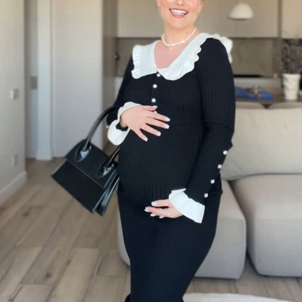Beaumama robe mi-longue grossesse élégant volants moulante boutonnage couleur bloc femme enceinte