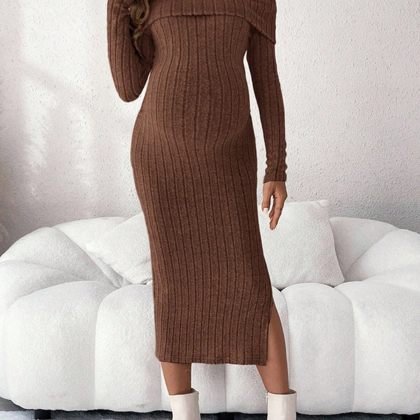 Beaumama robe mi-longue grossesse élégant chic rayé épaule dénudée fendu le côté moulante femme enceinte