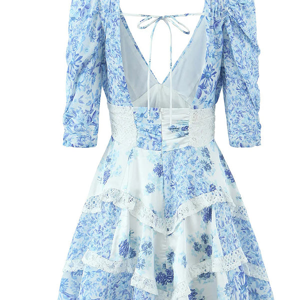 Beaumama robes courte grossesse motif en porcelaine bleu et blanc épissage dentelle femme enceinte