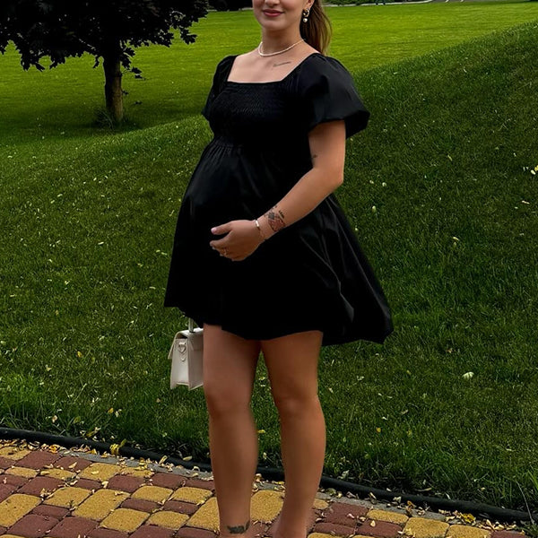 Beaumama robes courte grossesse chic mignon vacances fluide trapèze manches bouffantes femme enceinte