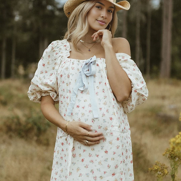 Robe courte grossesse imprimé fleurie nœud papillon blanche