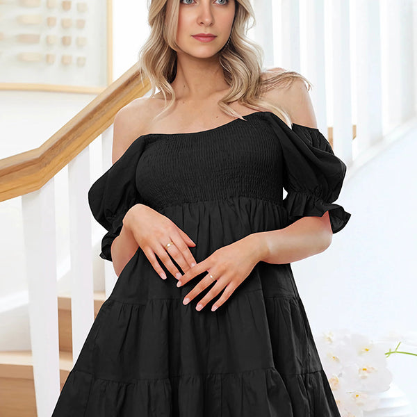 Robe courte grossesse volants trapèze épaule dénudée noir