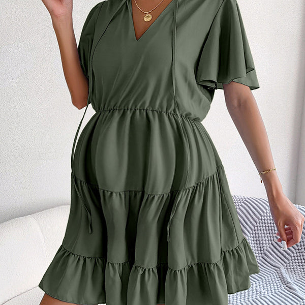 Robe courte grossesse volants fluide trapèze vert armée