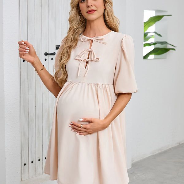Robe courte grossesse nœud papillon trapèze abricot