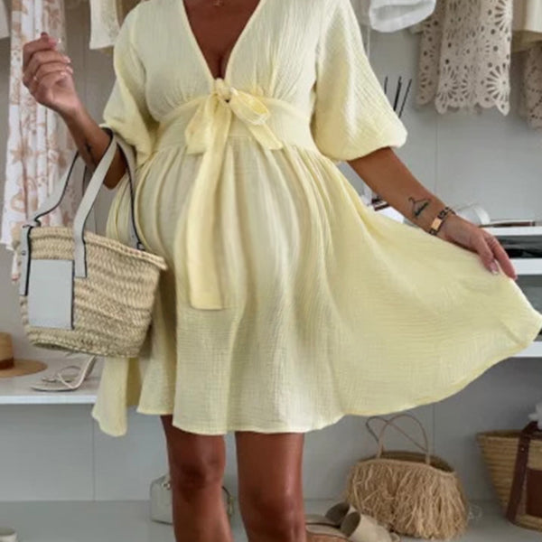Robe courte grossesse nœud papillon trapèze jaune
