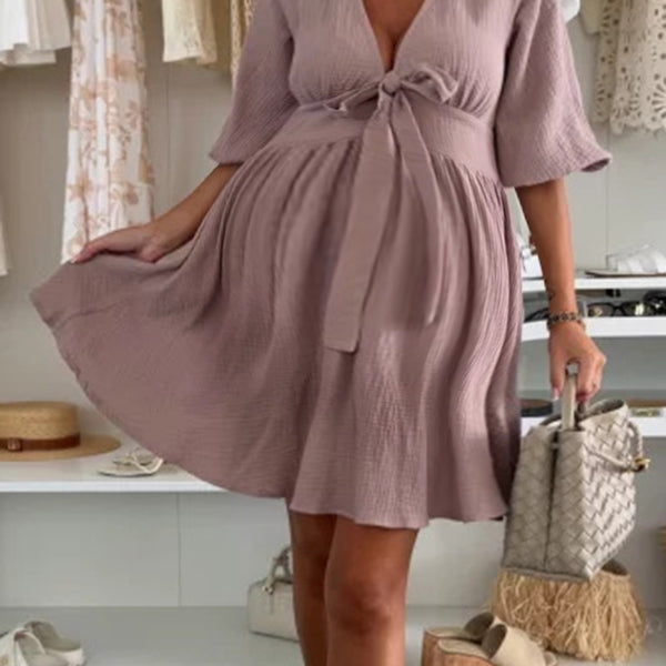 Robe courte grossesse nœud papillon trapèze café