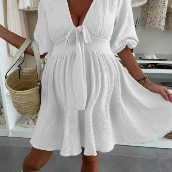 Robe courte grossesse nœud papillon trapèze blanche