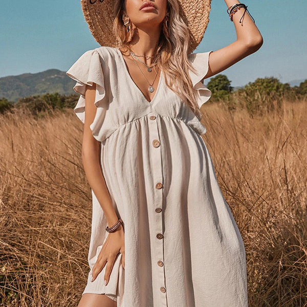 Robe courte grossesse volants boutonnage khaki