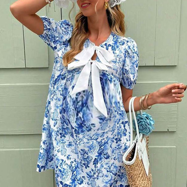Robes courte grossesse imprimé fleurie bleu