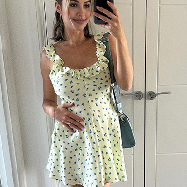 Beaumama robe courte grossesse chic vacances imprimé fleurie volants trapèze jaune femme enceinte