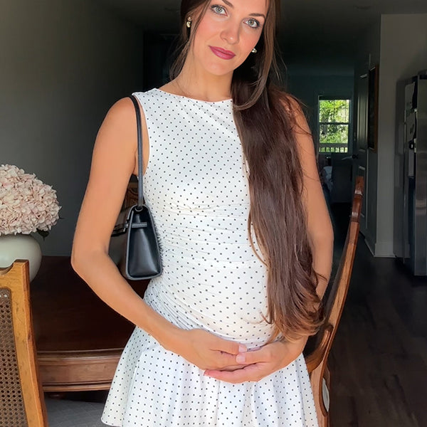 Beaumama robe courte grossesse chic vacances pois volants trapèze blanche femme enceinte