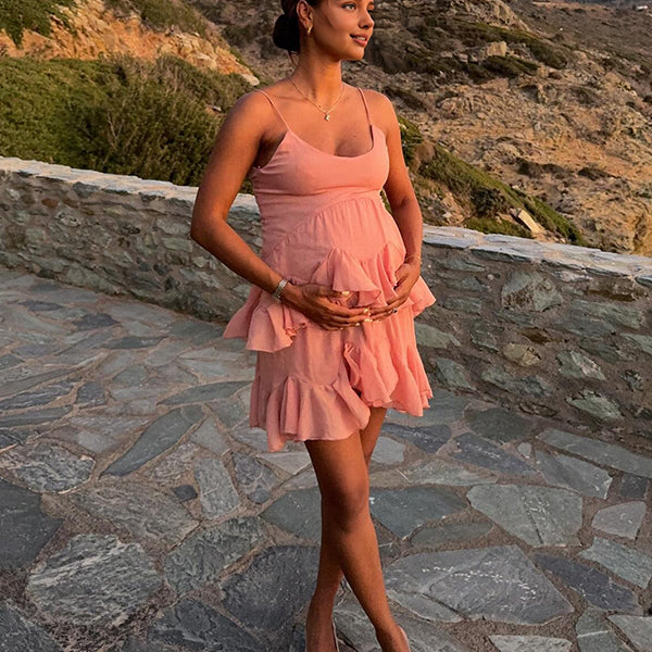 Beaumama robe courte grossesse chic vacances spaghettiträger froufrou volants femme enceinte
